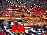 Eggplant and fresno chillies on the grill