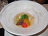 Takiawase (slow cooked dish) of kabocha squash, shiitake mushroom, remarkably sponge-like dried tofu, and green beans in clear fish broth